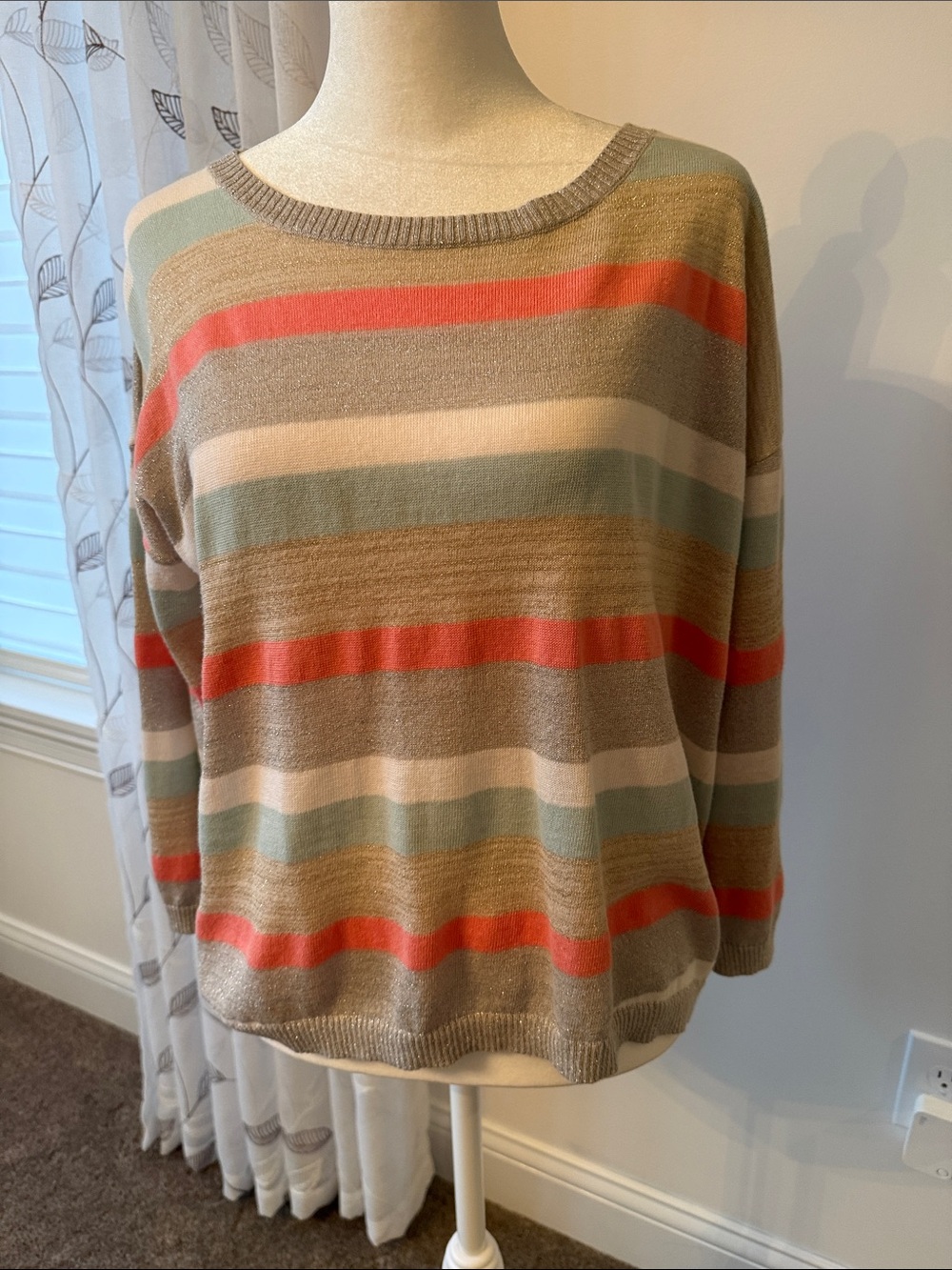 LOFT Mint, Cream, Corql & Silver Striped Crewneck Sweater